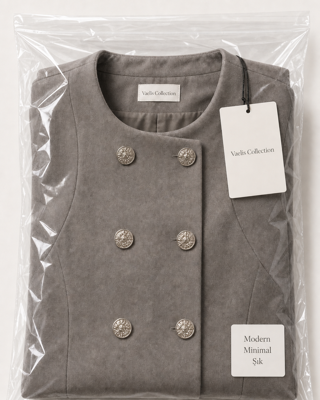 Kruvaze Metal Düğmeli Yakasız Ceket