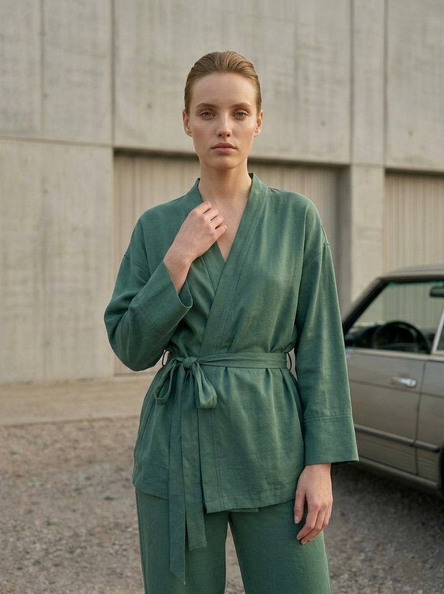 Kimono Yaka Bağcıklı Tencel Takım
