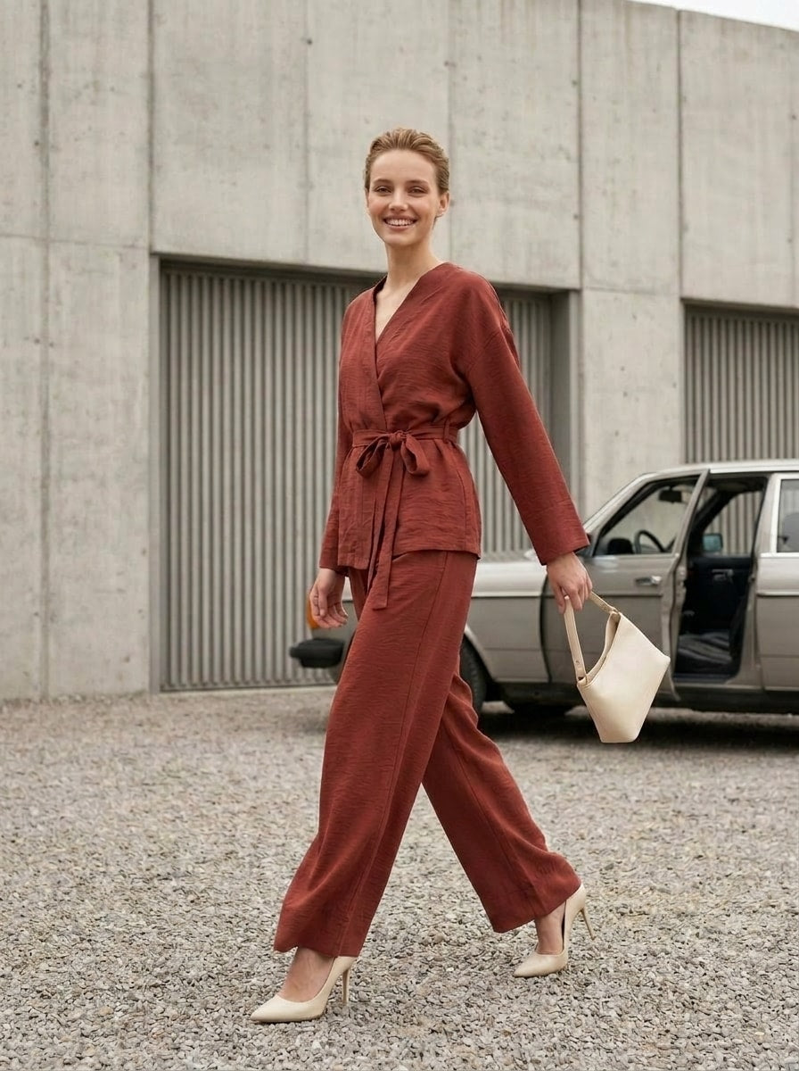 Kimono Yaka Bağcıklı Tencel Takım