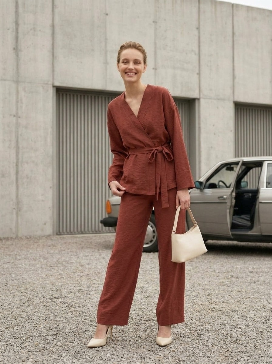 Kimono Yaka Bağcıklı Tencel Takım