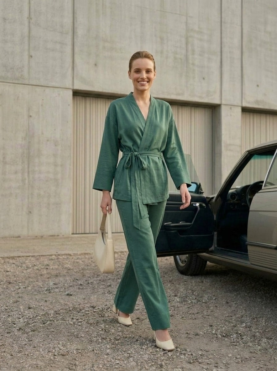Kimono Yaka Bağcıklı Tencel Takım